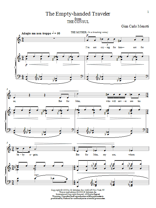 Download Gian Carlo Menotti The Empty-handed Traveler Sheet Music and learn how to play Piano, Vocal & Guitar (Right-Hand Melody) PDF digital score in minutes