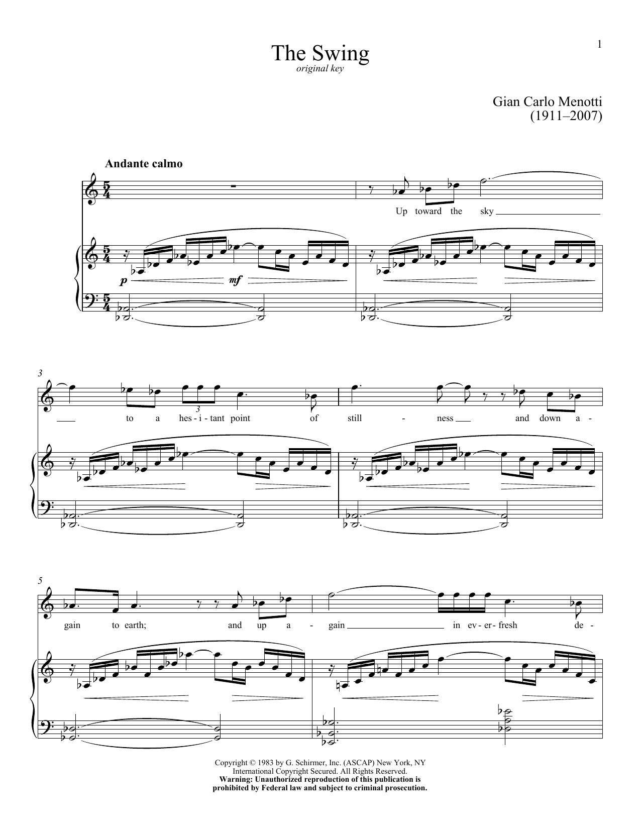 Download Gian Carlo Menotti The Swing Sheet Music and learn how to play Piano & Vocal PDF digital score in minutes