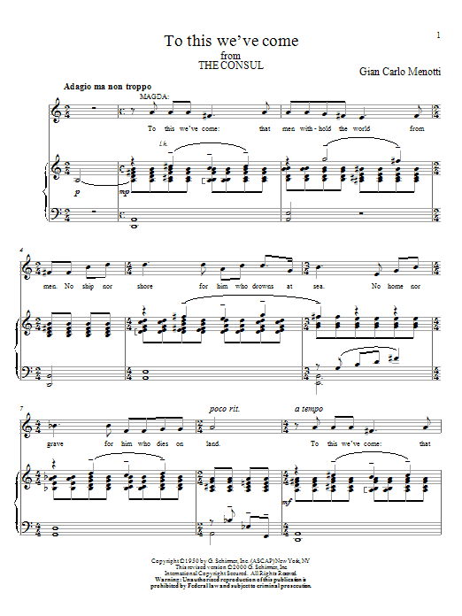 Download Gian Carlo Menotti To This We've Come Sheet Music and learn how to play Piano, Vocal & Guitar (Right-Hand Melody) PDF digital score in minutes