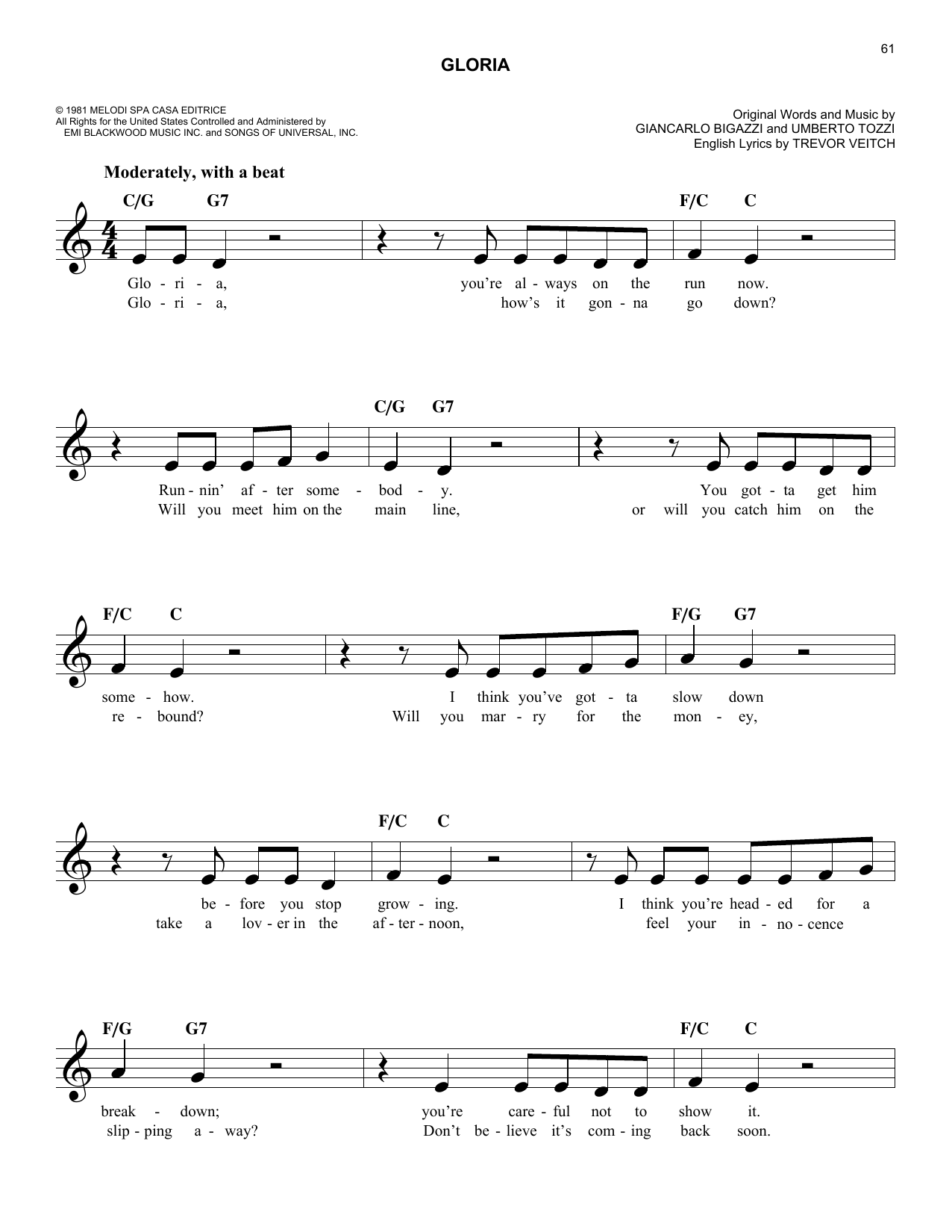 Download Giancarlo Bigazzi Gloria Sheet Music and learn how to play Melody Line, Lyrics & Chords PDF digital score in minutes