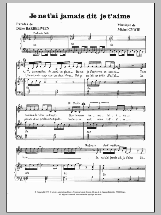 Download Gianni Nazzaro Je Ne T'ai Jamais Dit Je T'aime Sheet Music and learn how to play Piano & Vocal PDF digital score in minutes