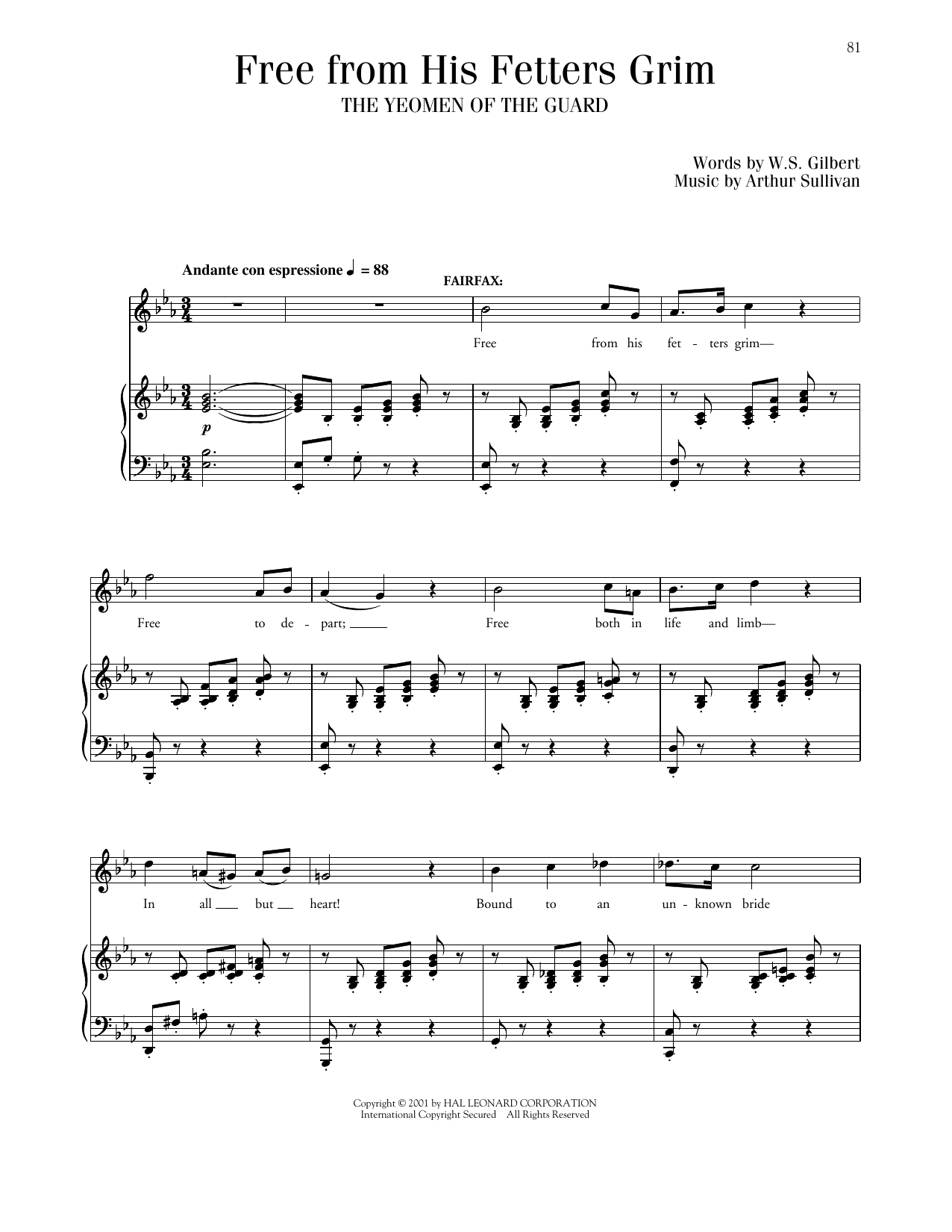 Download Gilbert & Sullivan Free From His Fetters Grim (from The Yeomen Of The Guard) Sheet Music and learn how to play Piano & Vocal PDF digital score in minutes