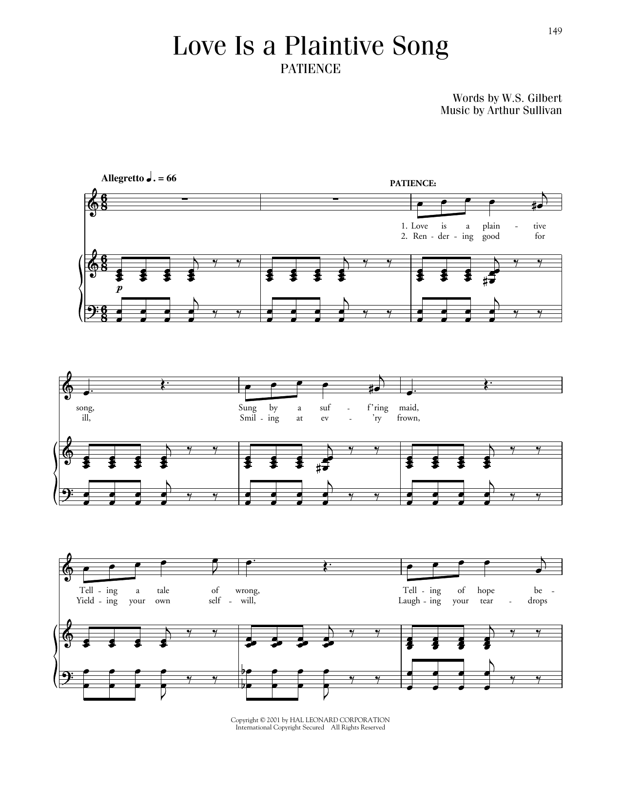 Download Gilbert & Sullivan Love Is A Plaintive Song (from Patience) Sheet Music and learn how to play Piano & Vocal PDF digital score in minutes