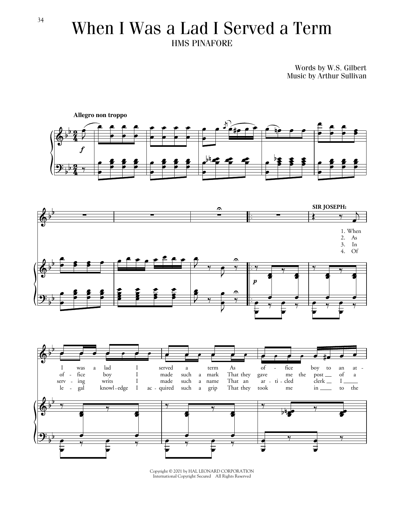 Download Gilbert & Sullivan When I Was A Lad (from H.M.S. Pinafore) Sheet Music and learn how to play Piano & Vocal PDF digital score in minutes