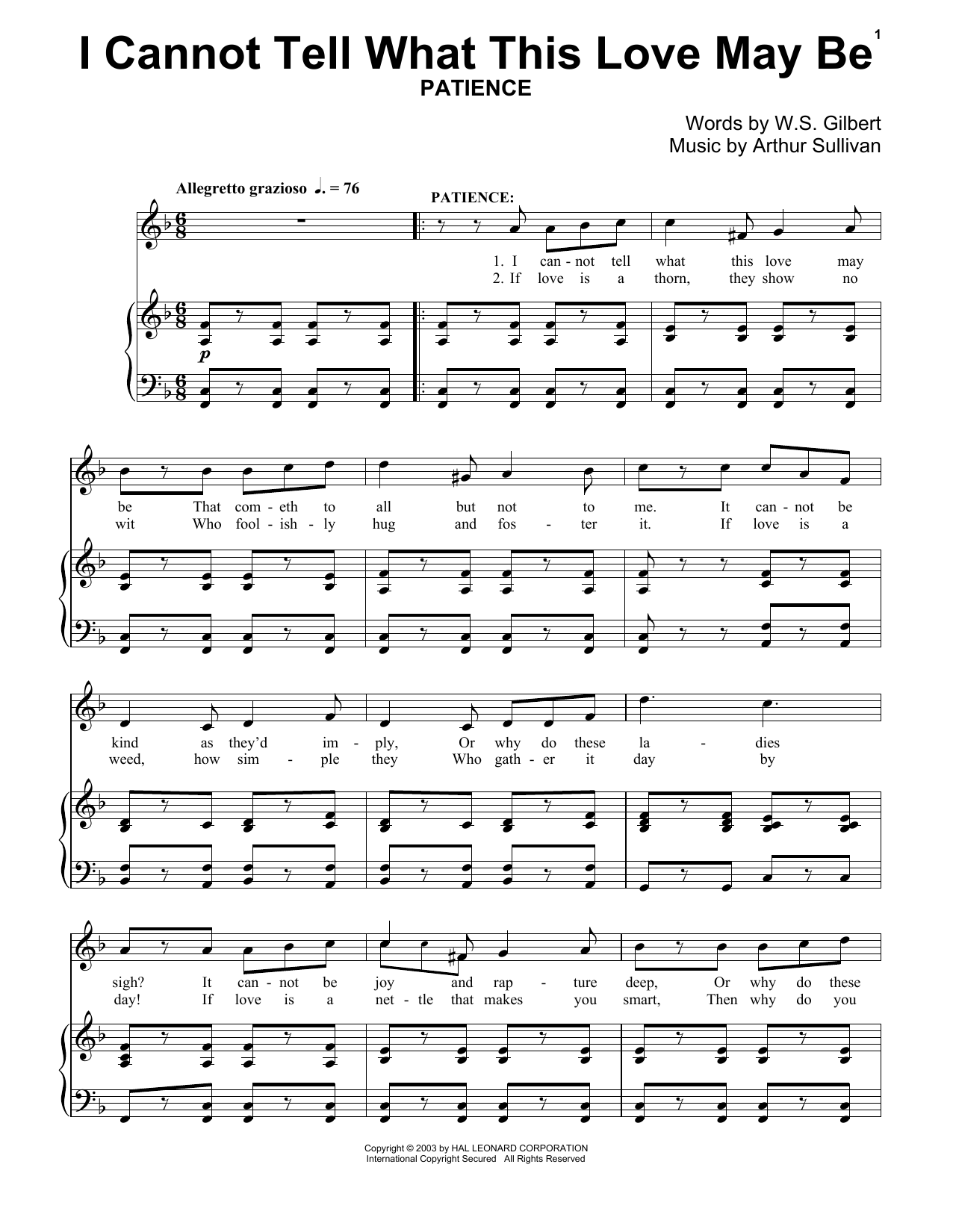 Download Gilbert & Sullivan I Can Not Tell What This Love May Be Sheet Music and learn how to play Piano PDF digital score in minutes
