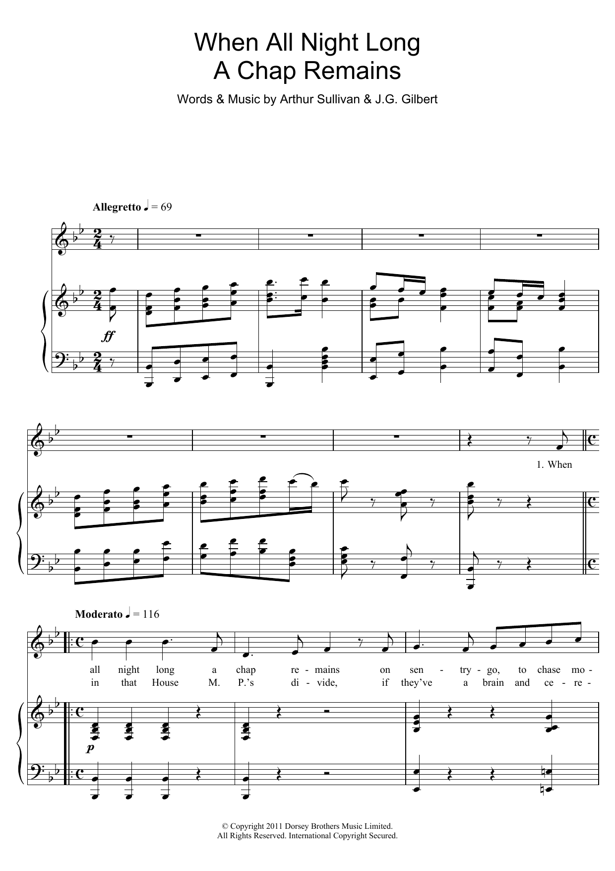 Download Gilbert & Sullivan When All Night Long A Chap Remains Sheet Music and learn how to play Piano & Vocal PDF digital score in minutes