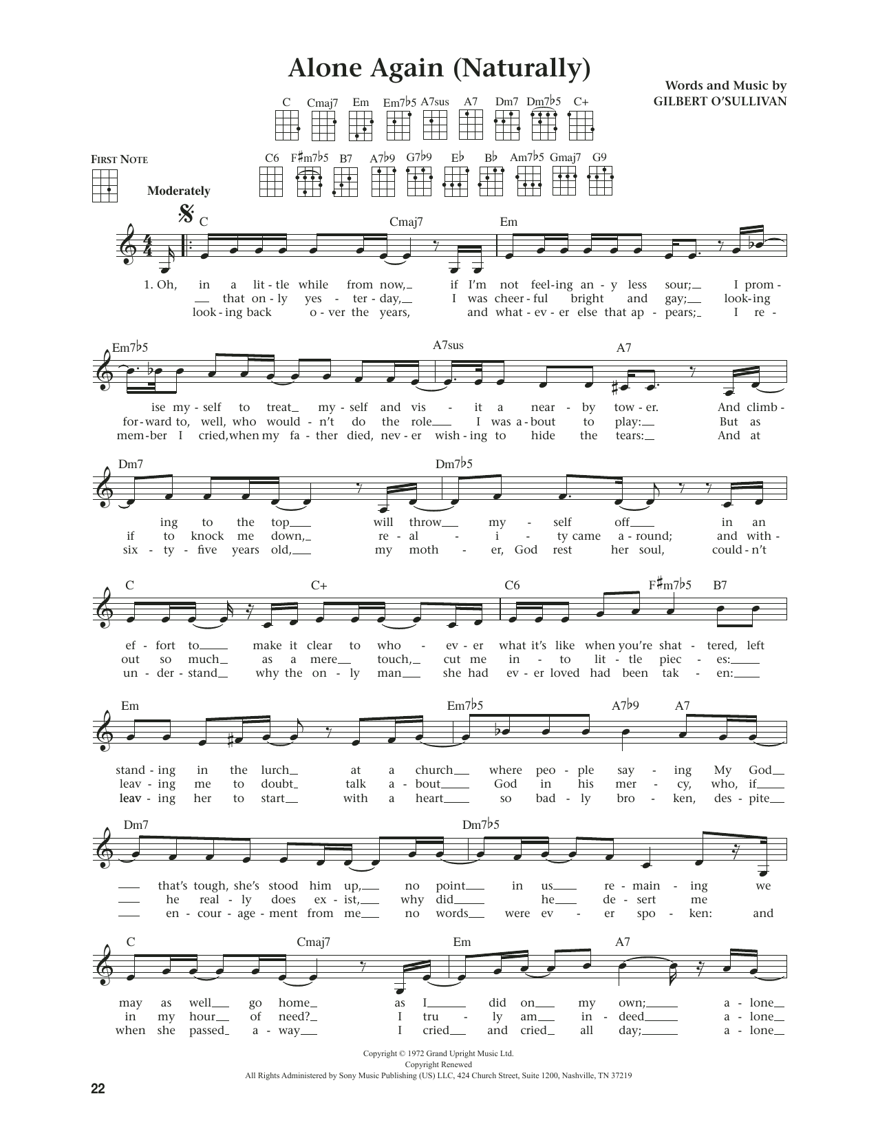 Download Gilbert O'Sullivan Alone Again (Naturally) (from The Daily Ukulele) (arr. Jim Beloff) Sheet Music and learn how to play Ukulele PDF digital score in minutes