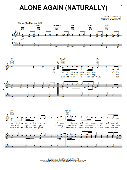 Download Gilbert O'Sullivan Alone Again (Naturally) Sheet Music and learn how to play Super Easy Piano PDF digital score in minutes