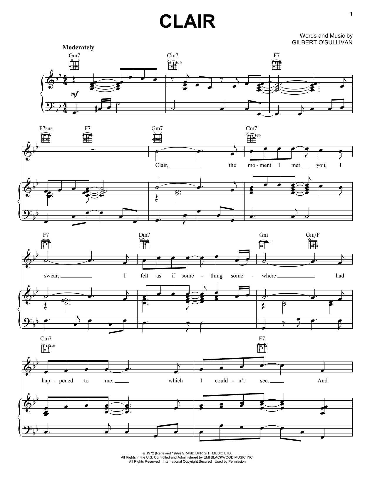 Download Gilbert O'Sullivan Clair Sheet Music and learn how to play Piano, Vocal & Guitar (Right-Hand Melody) PDF digital score in minutes