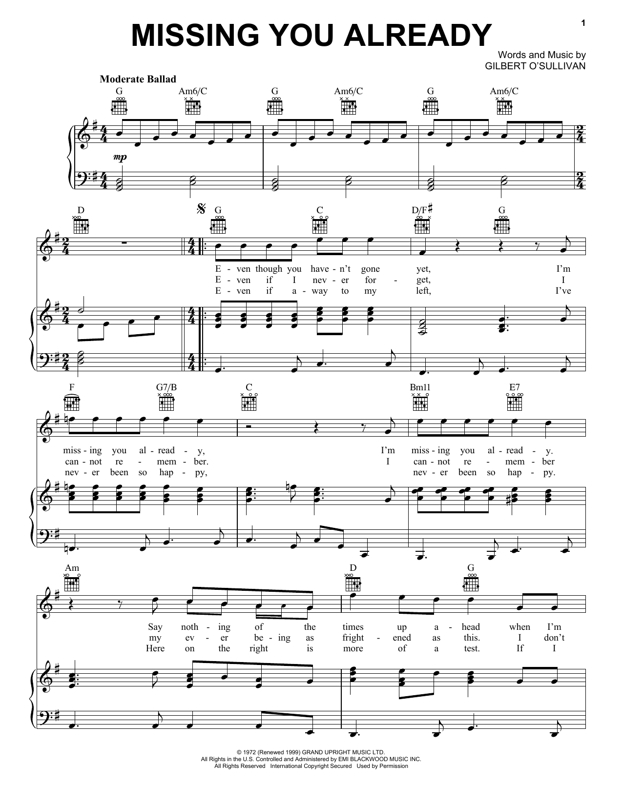 Download Gilbert O'Sullivan Missing You Already Sheet Music and learn how to play Piano, Vocal & Guitar (Right-Hand Melody) PDF digital score in minutes