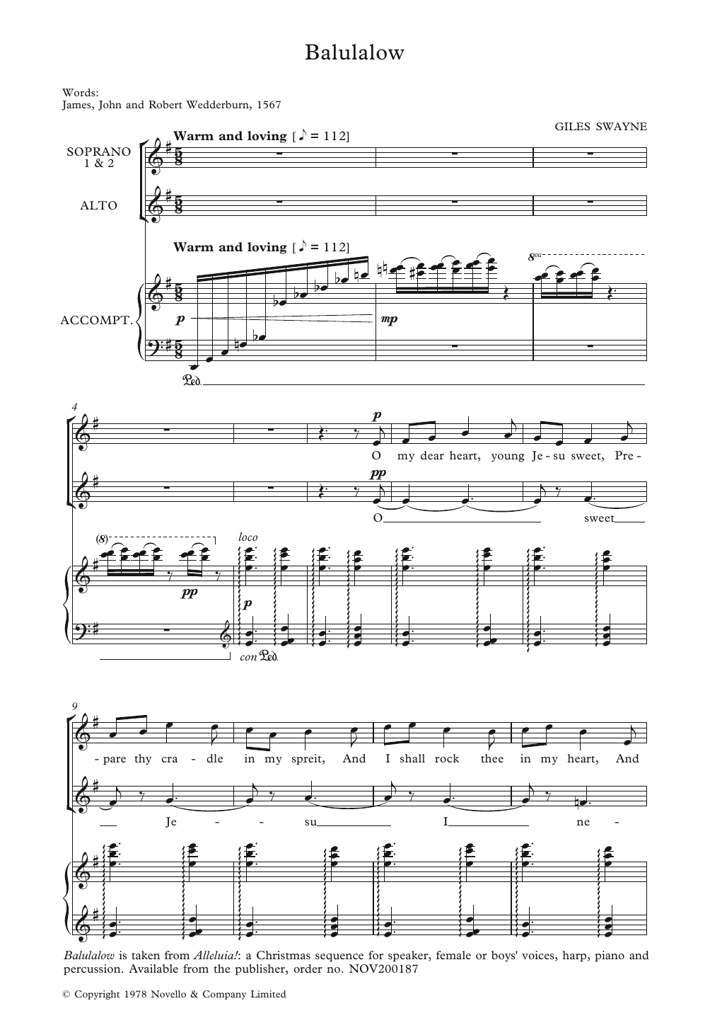 Download Giles Swayne Balulalow Sheet Music and learn how to play SSA Choir PDF digital score in minutes