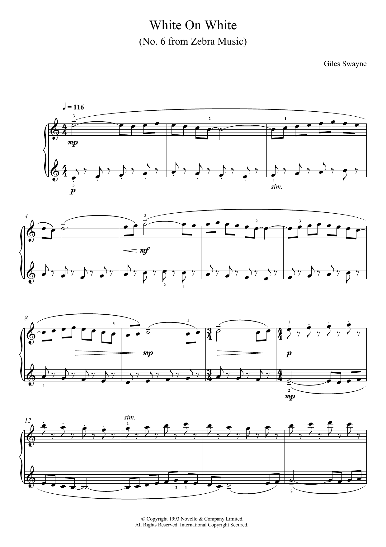 Download Giles Swayne White On White (No. 6 from Zebra Music) Sheet Music and learn how to play Piano PDF digital score in minutes