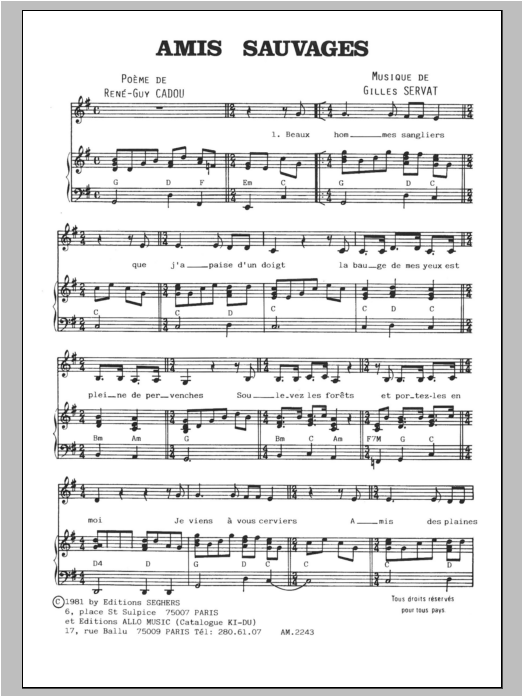 Download Gilles Servat Amis Sauvages Sheet Music and learn how to play Piano & Vocal PDF digital score in minutes