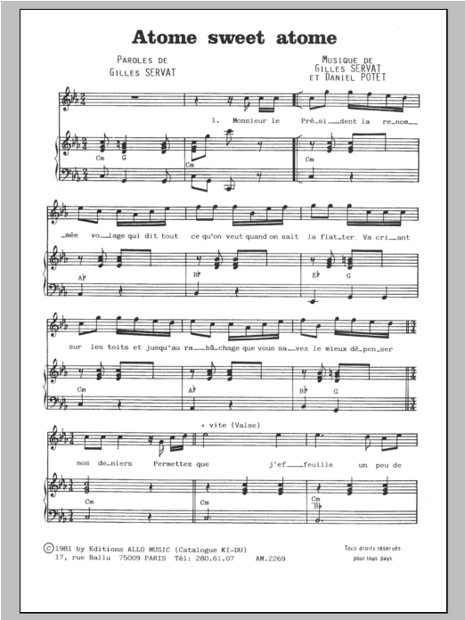 Download Gilles Servat Atome Sweet Atome Sheet Music and learn how to play Piano & Vocal PDF digital score in minutes