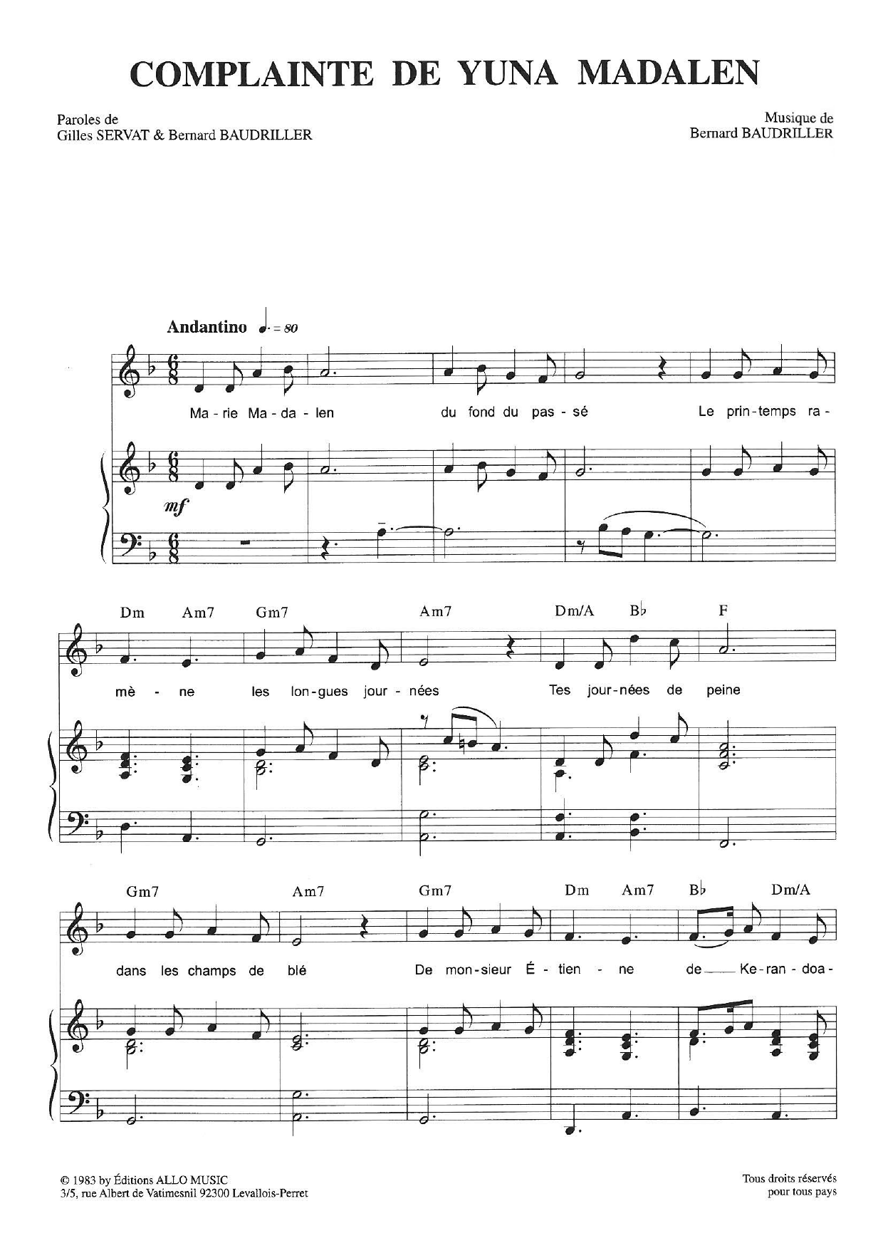 Download Gilles Servat Complainte De Yuna Madalen Sheet Music and learn how to play Piano & Vocal PDF digital score in minutes