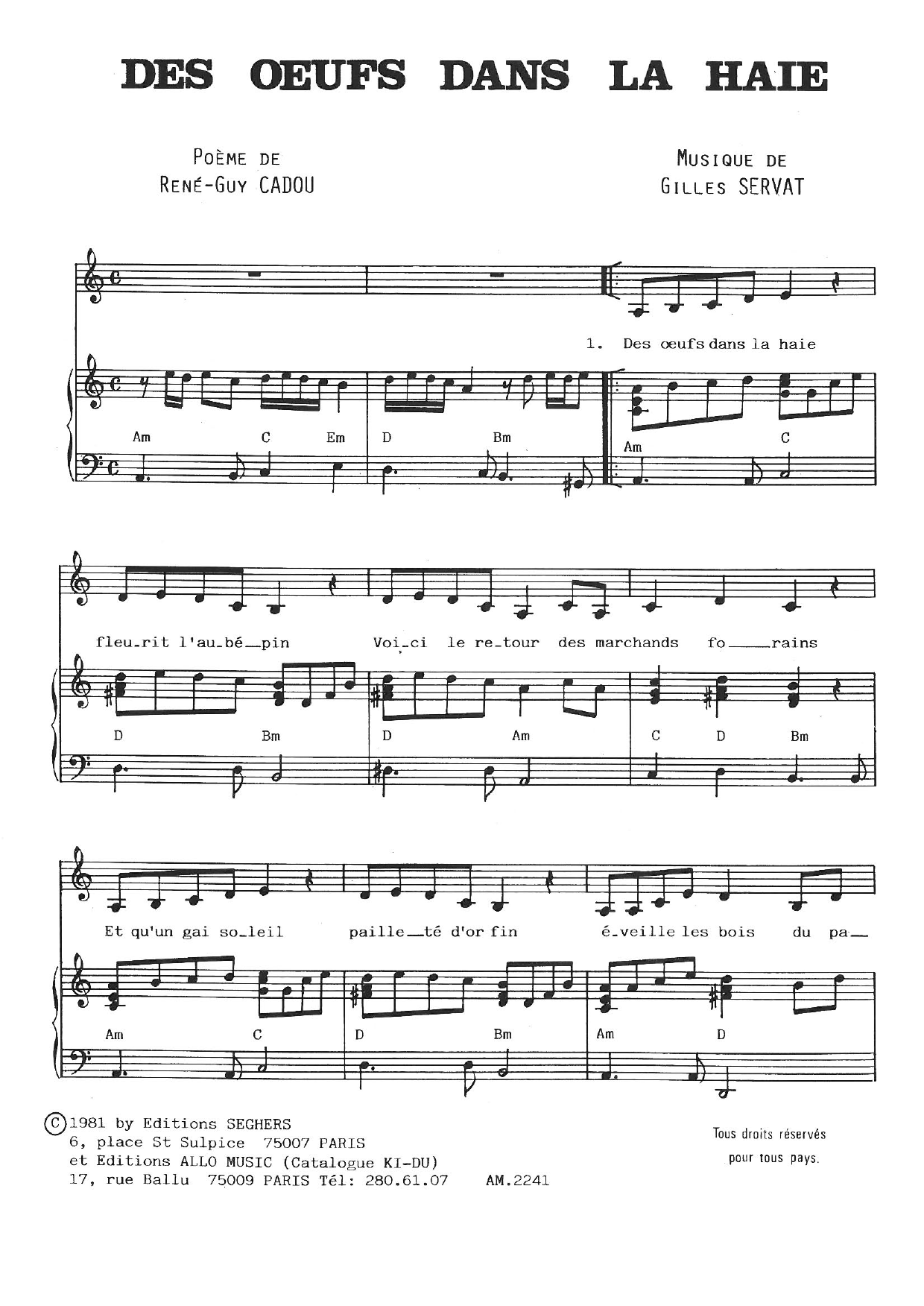 Download Gilles Servat Des Oeufs Dans La Haie Sheet Music and learn how to play Piano & Vocal PDF digital score in minutes
