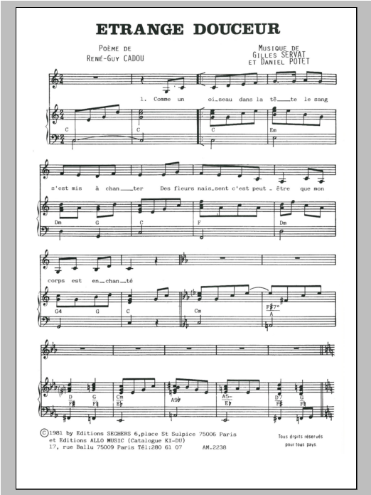 Download Gilles Servat Etrange Douceur Sheet Music and learn how to play Piano & Vocal PDF digital score in minutes