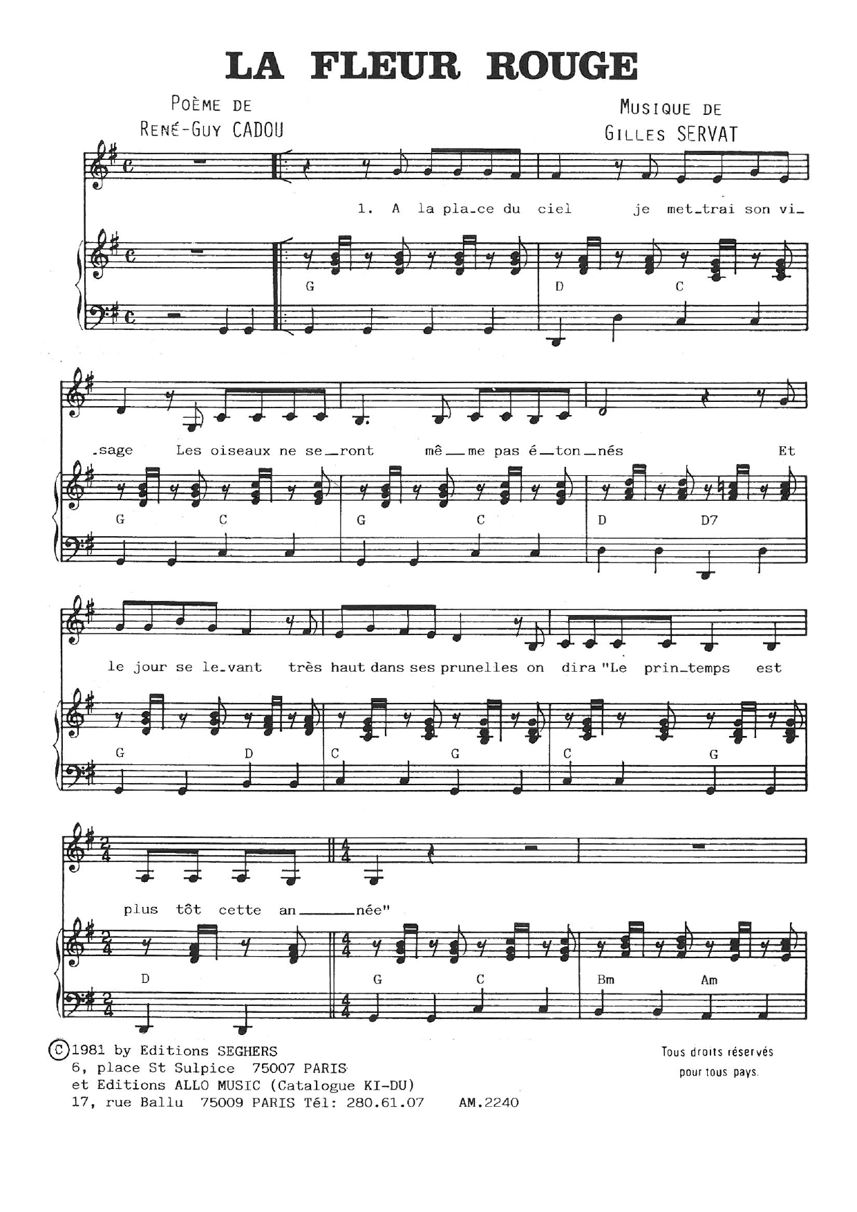 Download Gilles Servat La Fleur Rouge Sheet Music and learn how to play Piano & Vocal PDF digital score in minutes