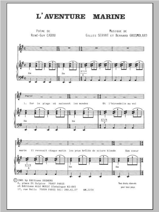 Download Gilles Servat L'aventure Marine Sheet Music and learn how to play Piano & Vocal PDF digital score in minutes