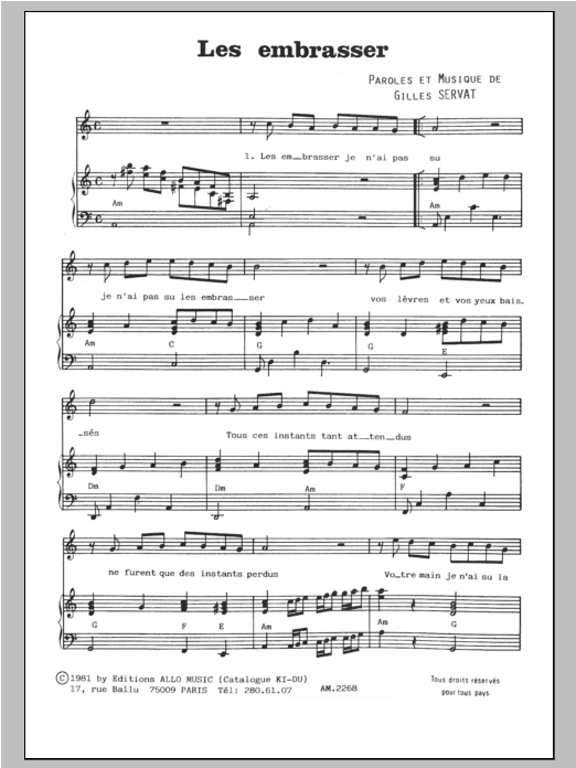 Download Gilles Servat Les Embrasser Sheet Music and learn how to play Piano & Vocal PDF digital score in minutes