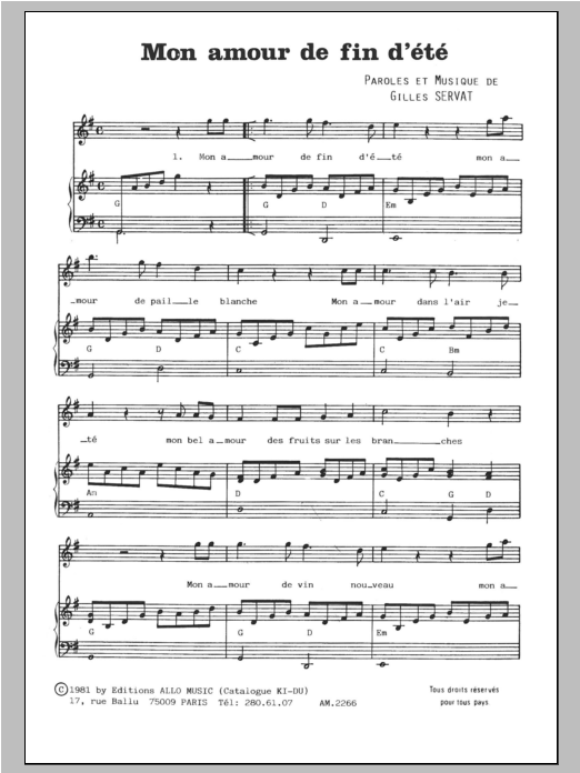 Download Gilles Servat Mon Amour De Fin D'ete Sheet Music and learn how to play Piano & Vocal PDF digital score in minutes