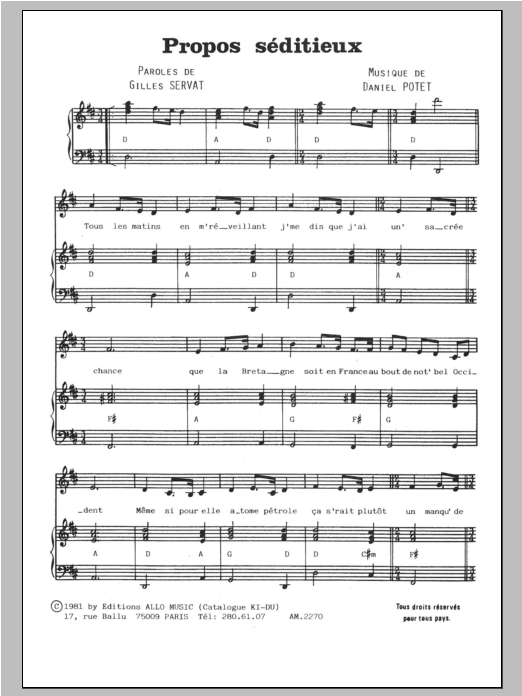 Download Gilles Servat Propos Seditieux Sheet Music and learn how to play Piano & Vocal PDF digital score in minutes