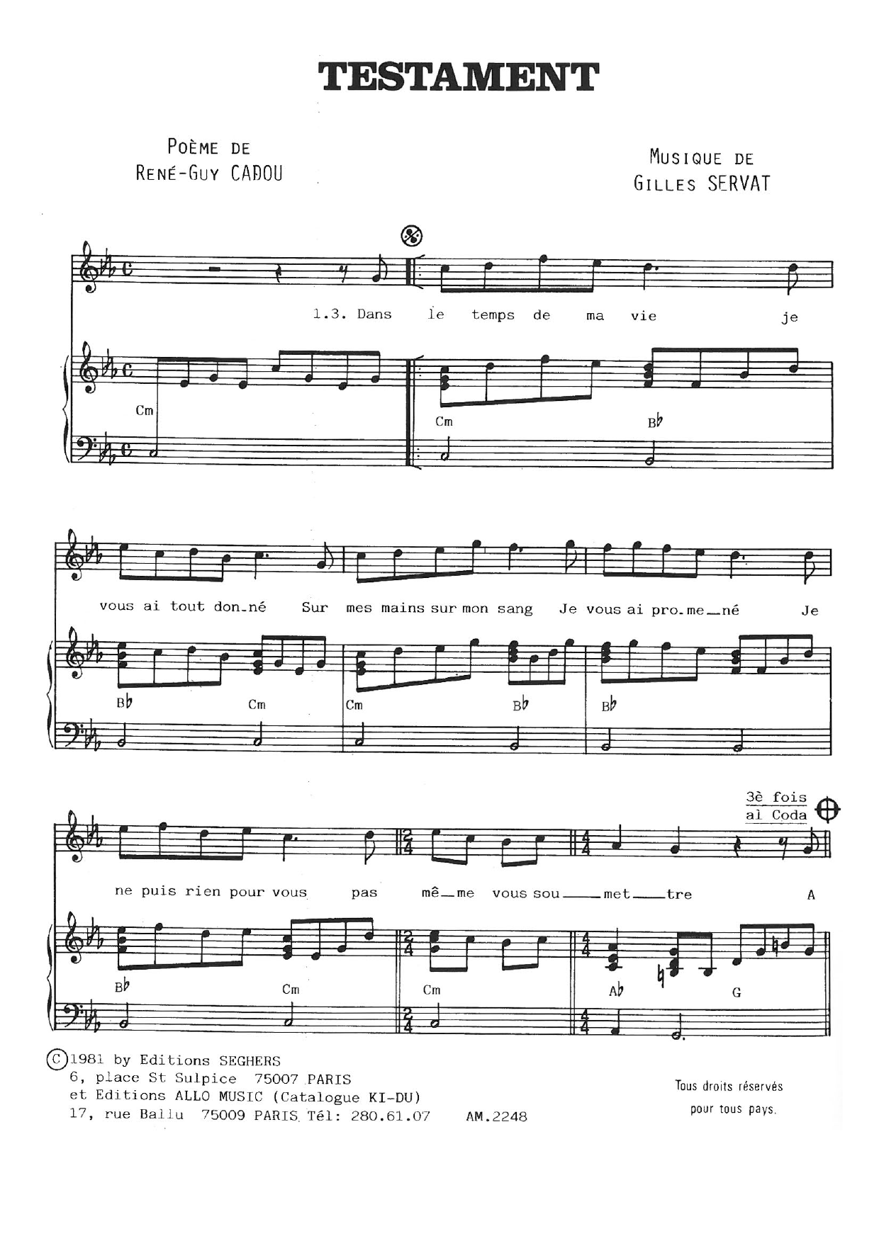Download Gilles Servat Testament Sheet Music and learn how to play Piano & Vocal PDF digital score in minutes