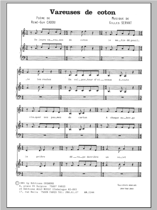Download Gilles Servat Vareuses De Coton Sheet Music and learn how to play Piano & Vocal PDF digital score in minutes
