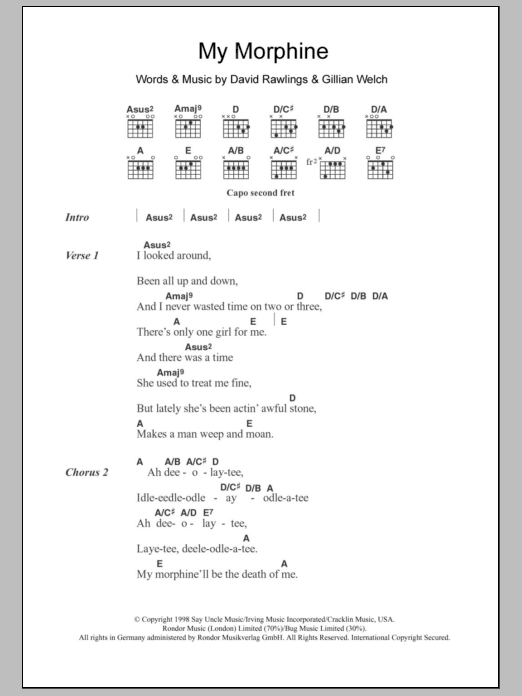 Download Gillian Welch My Morphine Sheet Music and learn how to play Lyrics & Chords PDF digital score in minutes