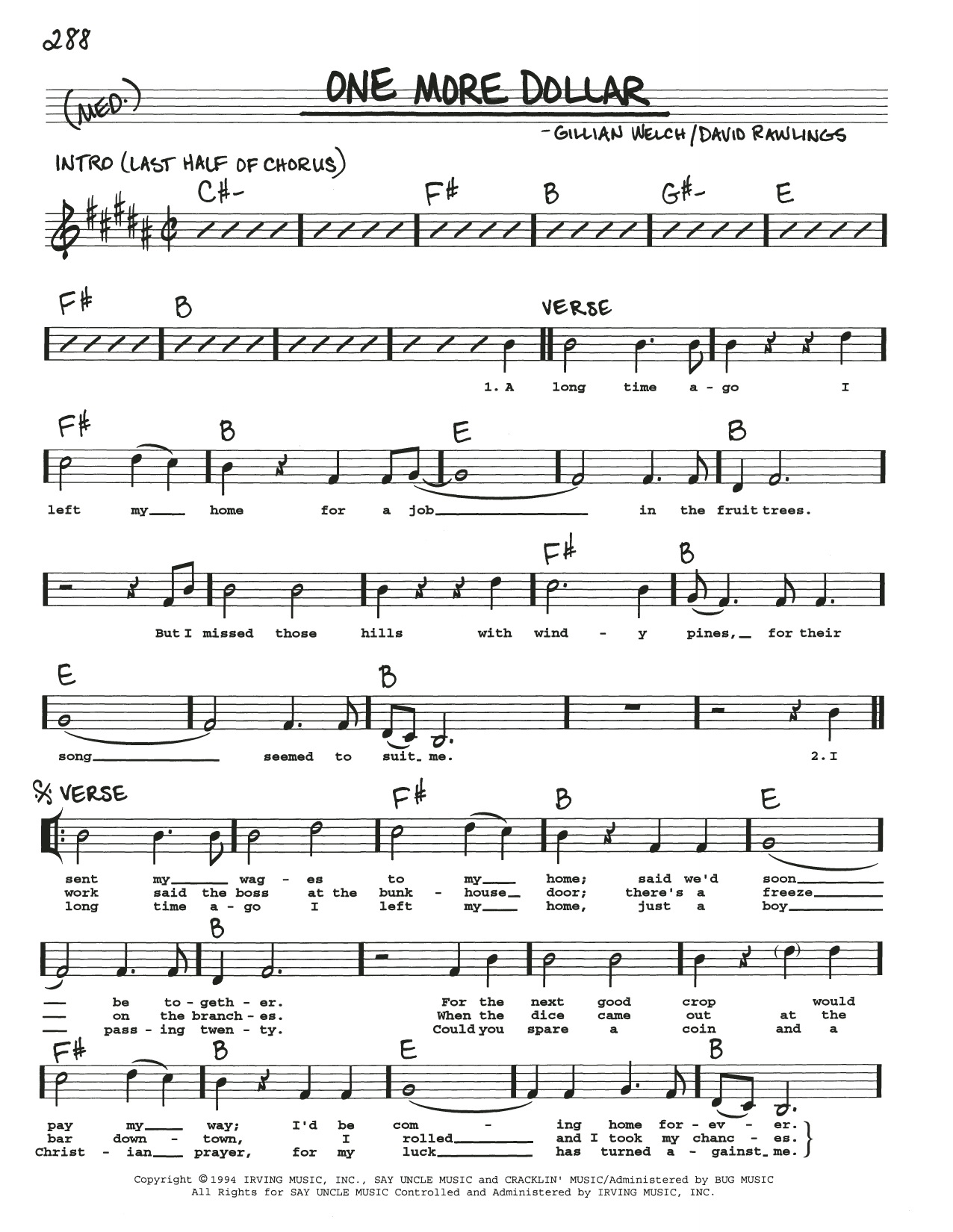 Download Gillian Welch One More Dollar Sheet Music and learn how to play Real Book – Melody, Lyrics & Chords PDF digital score in minutes