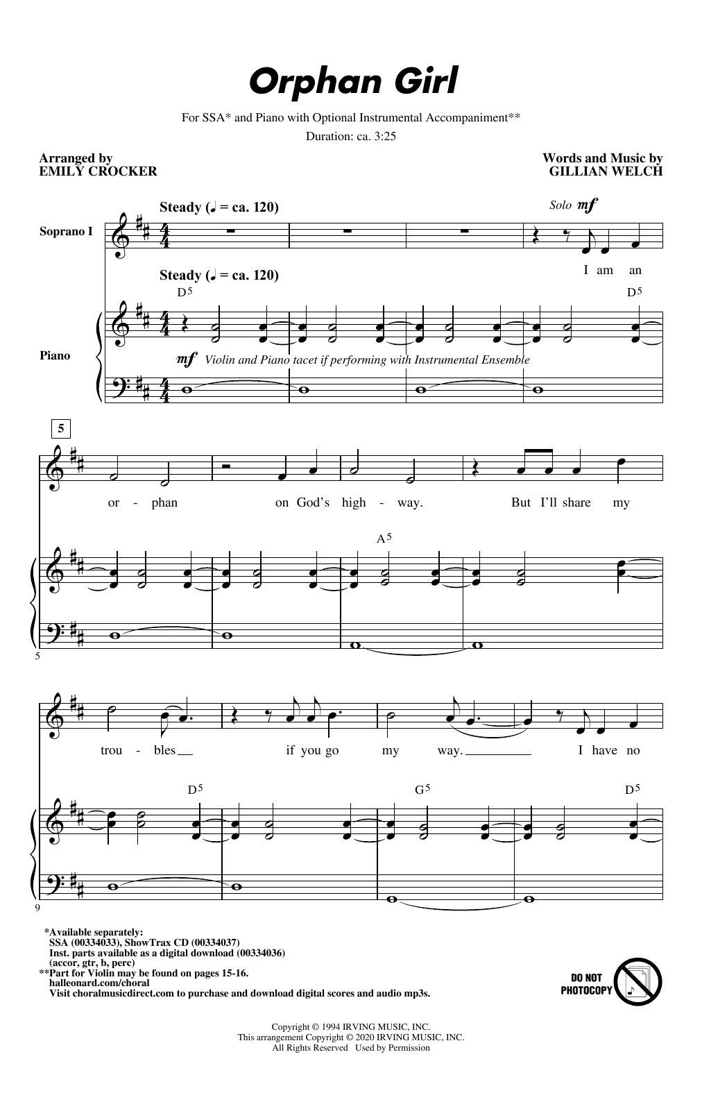 Download Gillian Welch Orphan Girl (arr. Emily Crocker) Sheet Music and learn how to play SSA Choir PDF digital score in minutes
