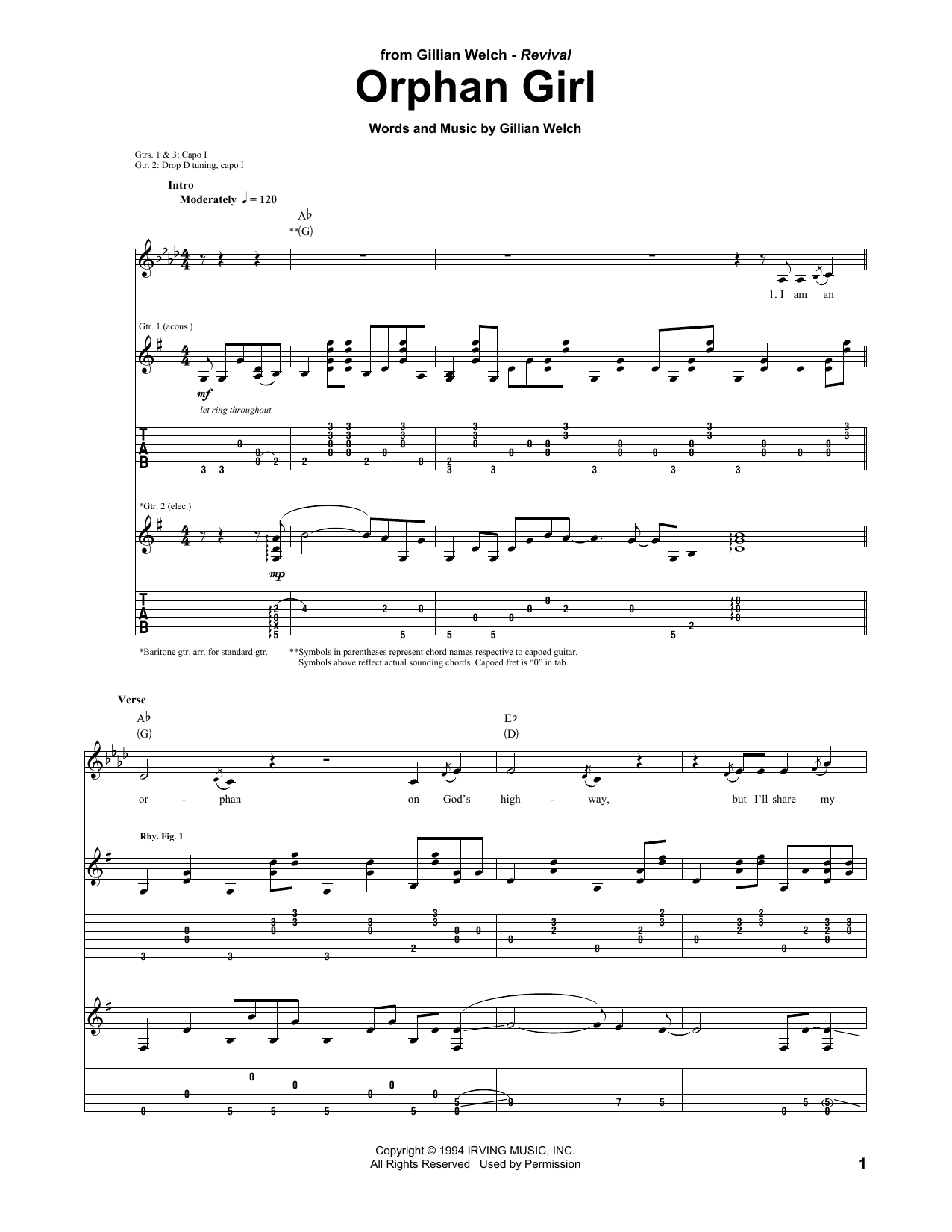 Download Gillian Welch Orphan Girl Sheet Music and learn how to play Lyrics & Chords PDF digital score in minutes