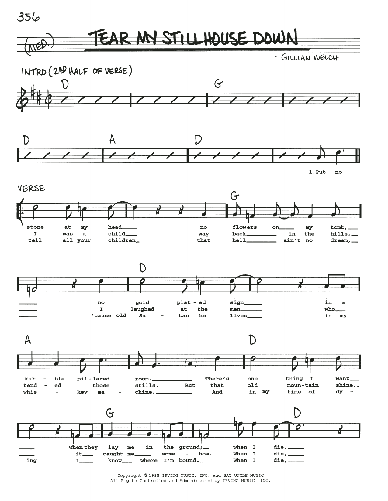 Download Gillian Welch Tear My Stillhouse Down Sheet Music and learn how to play Real Book – Melody, Lyrics & Chords PDF digital score in minutes