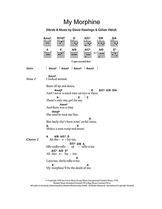 Download Gillian Welch My Morphine Sheet Music and learn how to play Lyrics & Chords PDF digital score in minutes