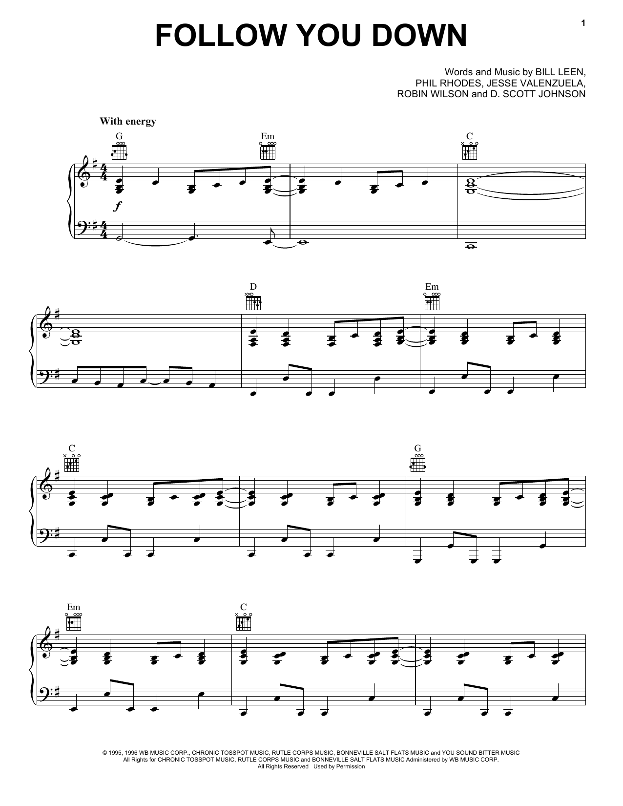 Download Gin Blossoms Follow You Down Sheet Music and learn how to play Easy Guitar PDF digital score in minutes