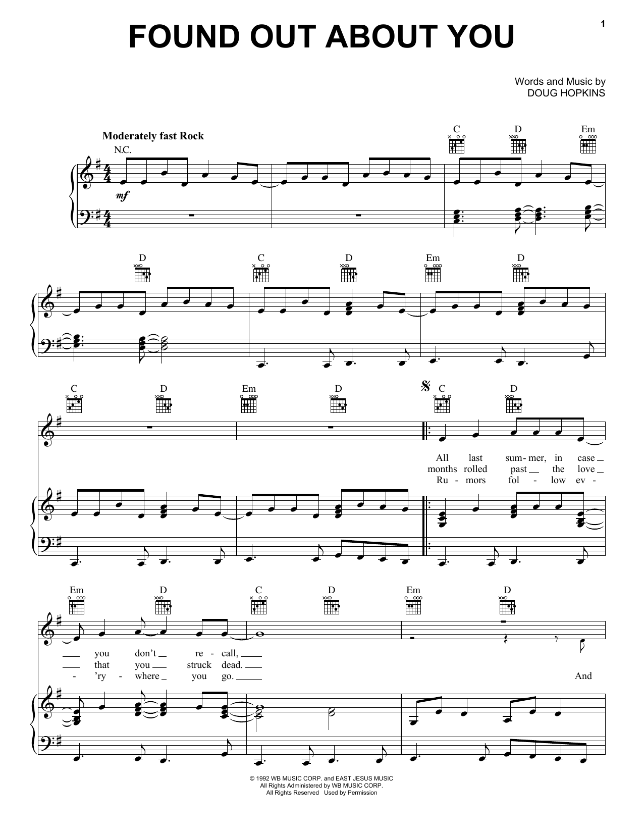 Download Gin Blossoms Found Out About You Sheet Music and learn how to play Piano, Vocal & Guitar (Right-Hand Melody) PDF digital score in minutes