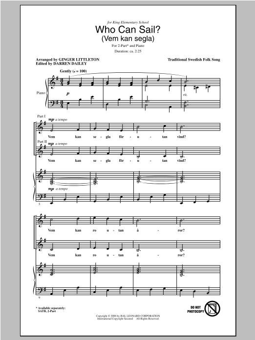 Download Traditional Who Can Sail? (Vem Kan Segla) (arr. Ginger Littleton) Sheet Music and learn how to play SATB PDF digital score in minutes