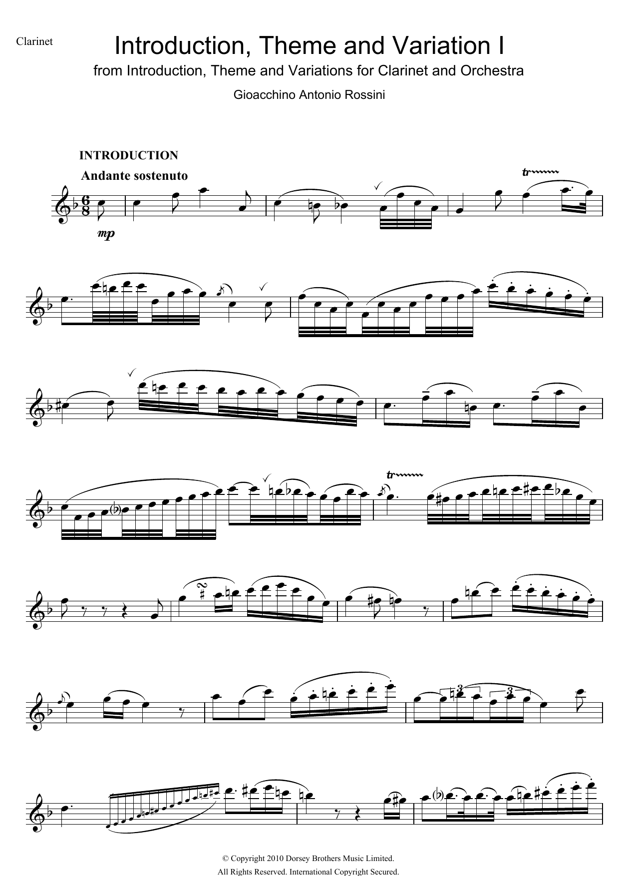 Download Gioachino Rossini Introduction, Theme And Variations For Clarinet and Orchestra Sheet Music and learn how to play Clarinet PDF digital score in minutes