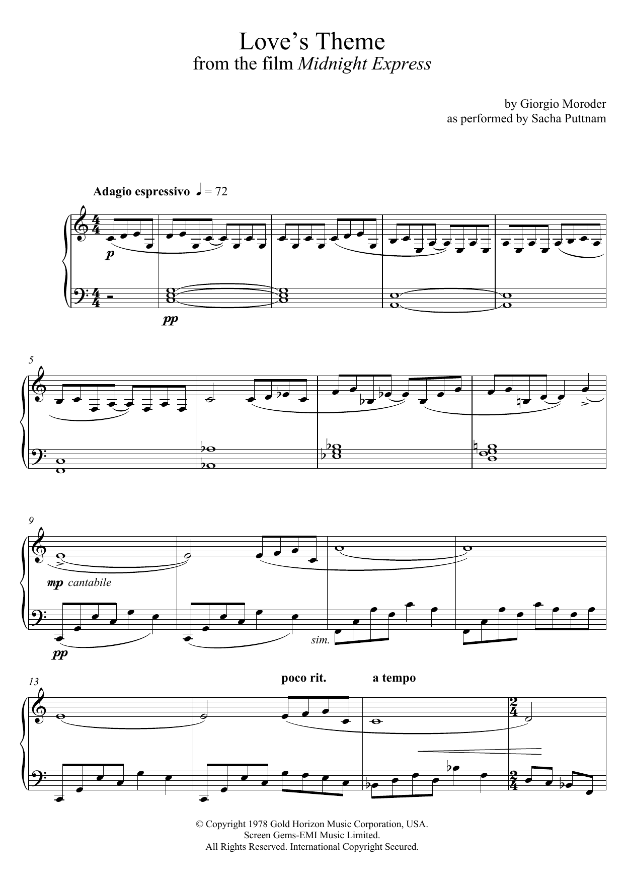 Download Giorgio Moroder Love's Theme (from Midnight Express) (as performed by Sacha Puttnam) Sheet Music and learn how to play Piano PDF digital score in minutes