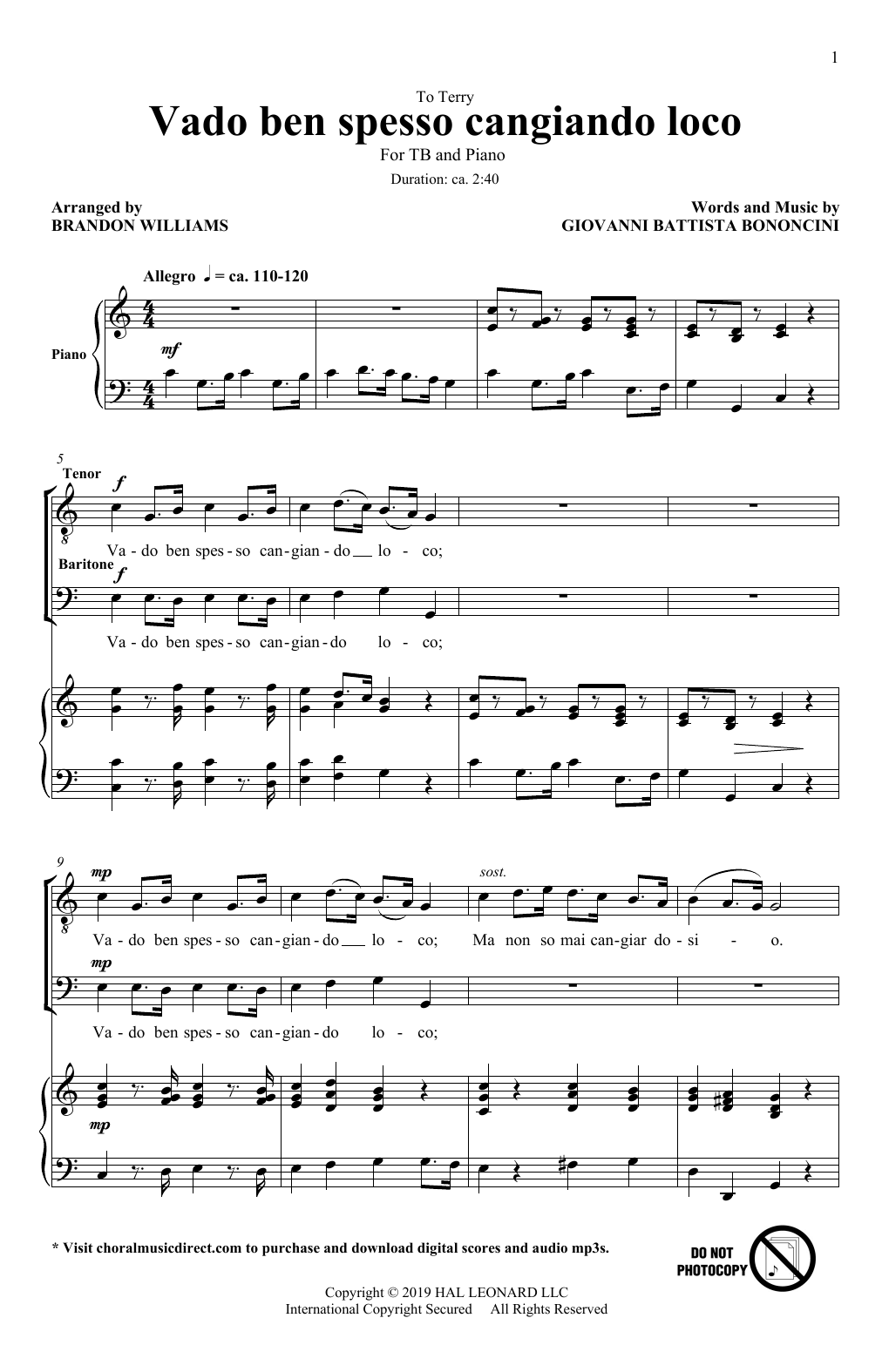 Download Giovanni Battista Bononcini Vado Ben Spesso Cangiando Loco (arr. Brandon Williams) Sheet Music and learn how to play TB Choir PDF digital score in minutes