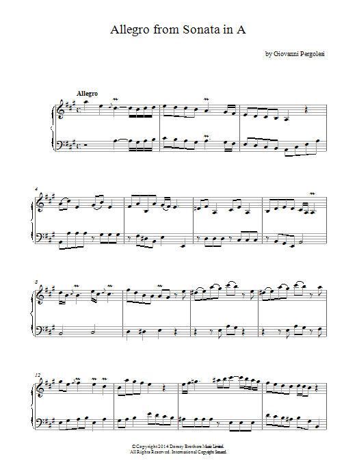 Download Giovanni Battista Pergolesi Allegro (Harpsichord Sonata In A Major) Sheet Music and learn how to play Piano PDF digital score in minutes