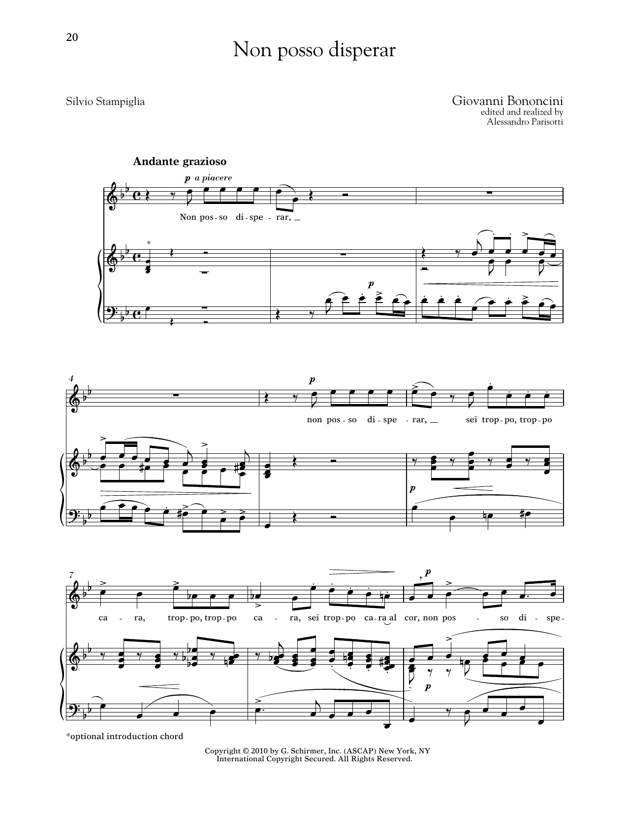 Download Giovanni Bononcini Non Posso Disperar (High Voice) Sheet Music and learn how to play Piano & Vocal PDF digital score in minutes