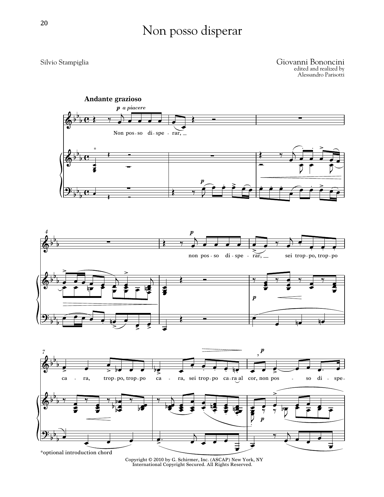 Download Giovanni Bononcini Non Posso Disperar (Low Voice) Sheet Music and learn how to play Piano & Vocal PDF digital score in minutes