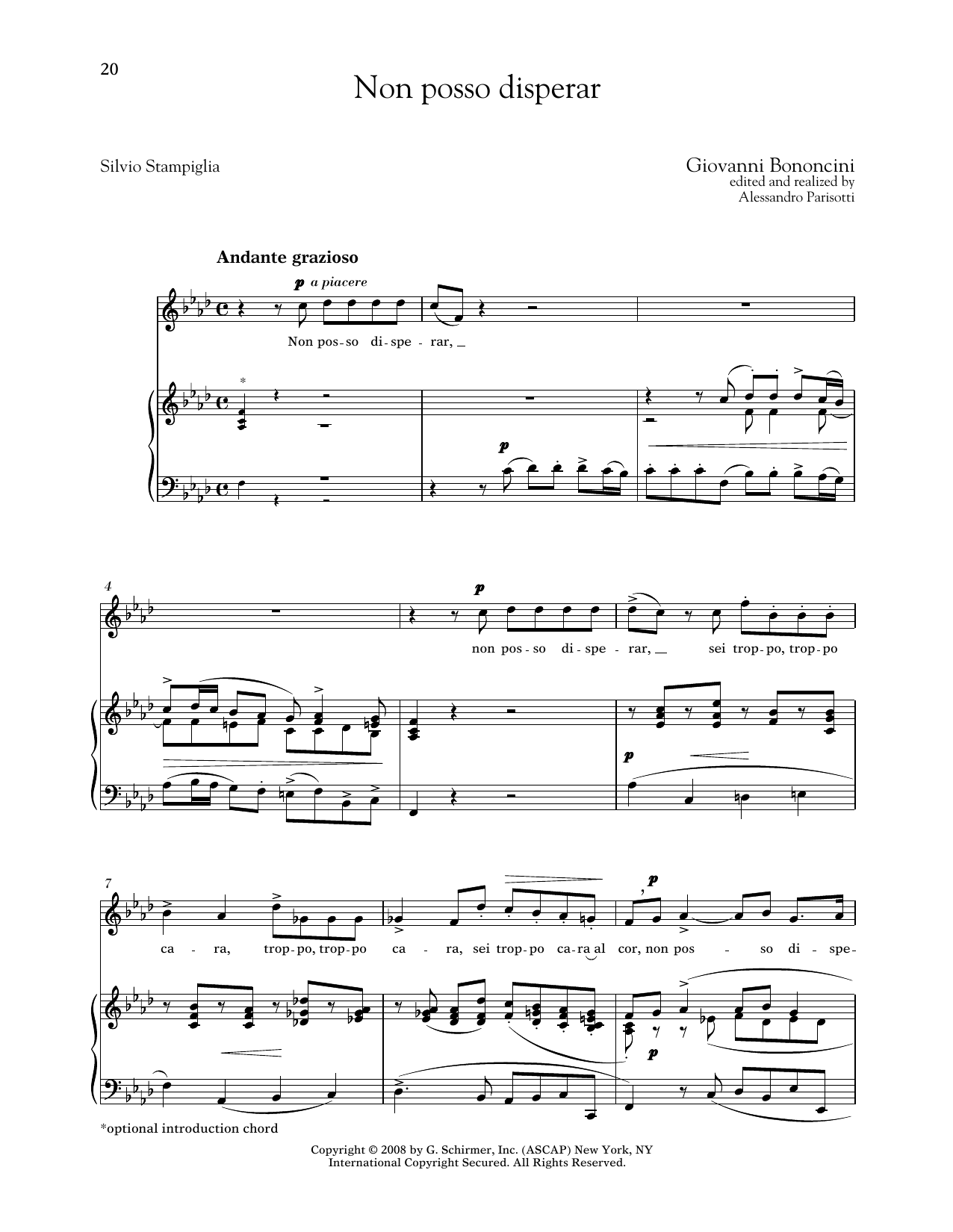 Download Giovanni Bononcini Non Posso Disperar (Medium High Voice) Sheet Music and learn how to play Piano & Vocal PDF digital score in minutes