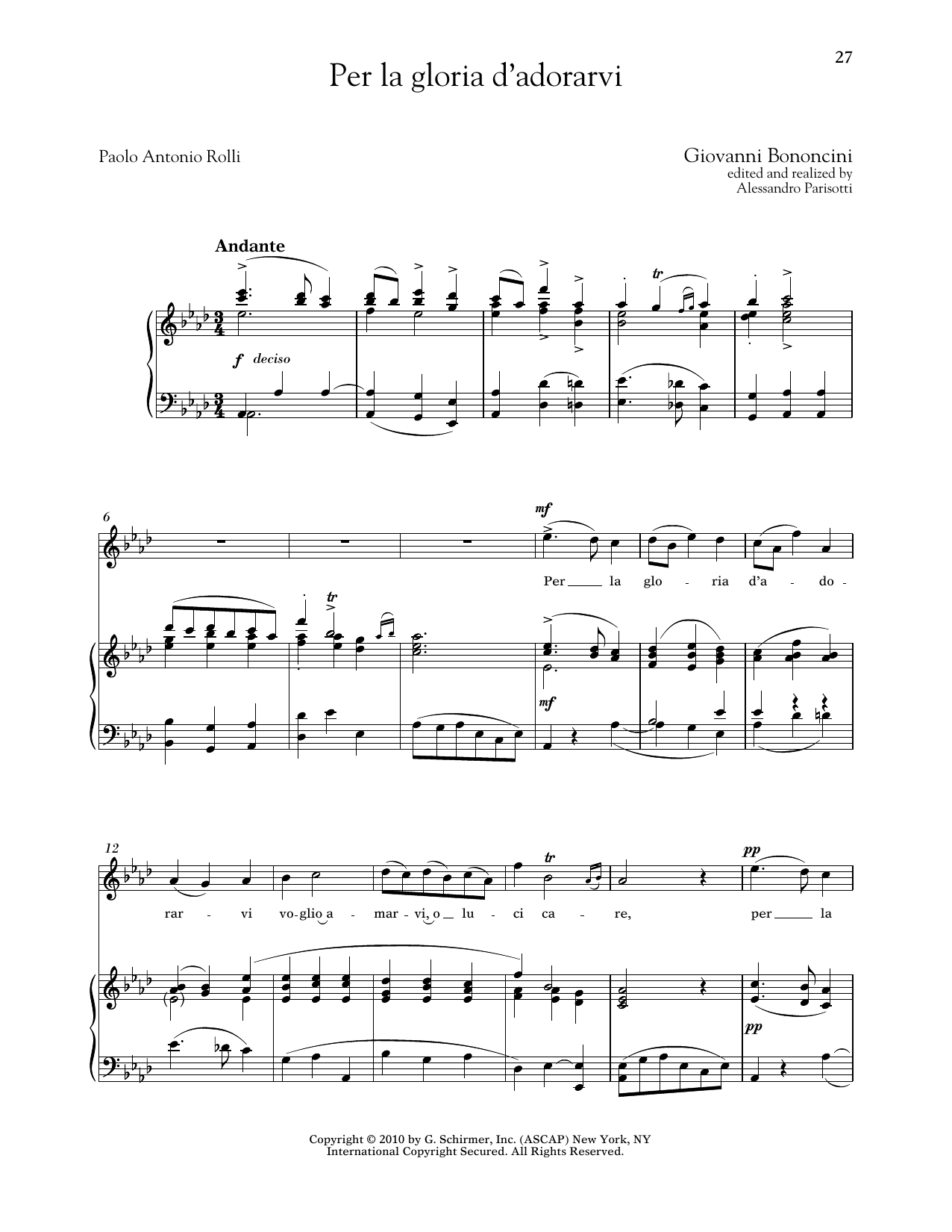 Download Giovanni Bononcini Per La Gloria D'adorarvi (High Voice) Sheet Music and learn how to play Piano & Vocal PDF digital score in minutes