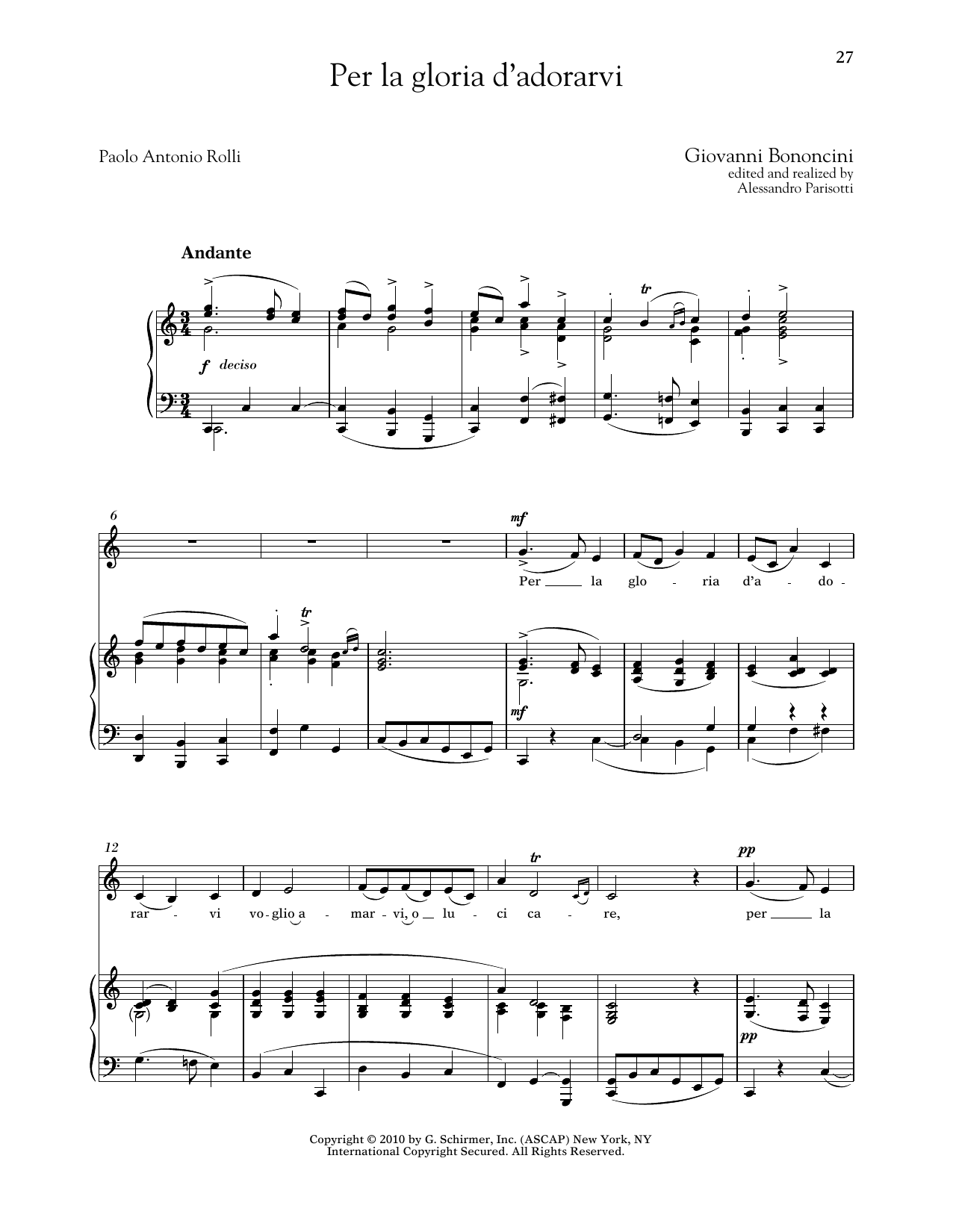 Download Giovanni Bononcini Per La Gloria D'adorarvi (Low Voice) Sheet Music and learn how to play Piano & Vocal PDF digital score in minutes