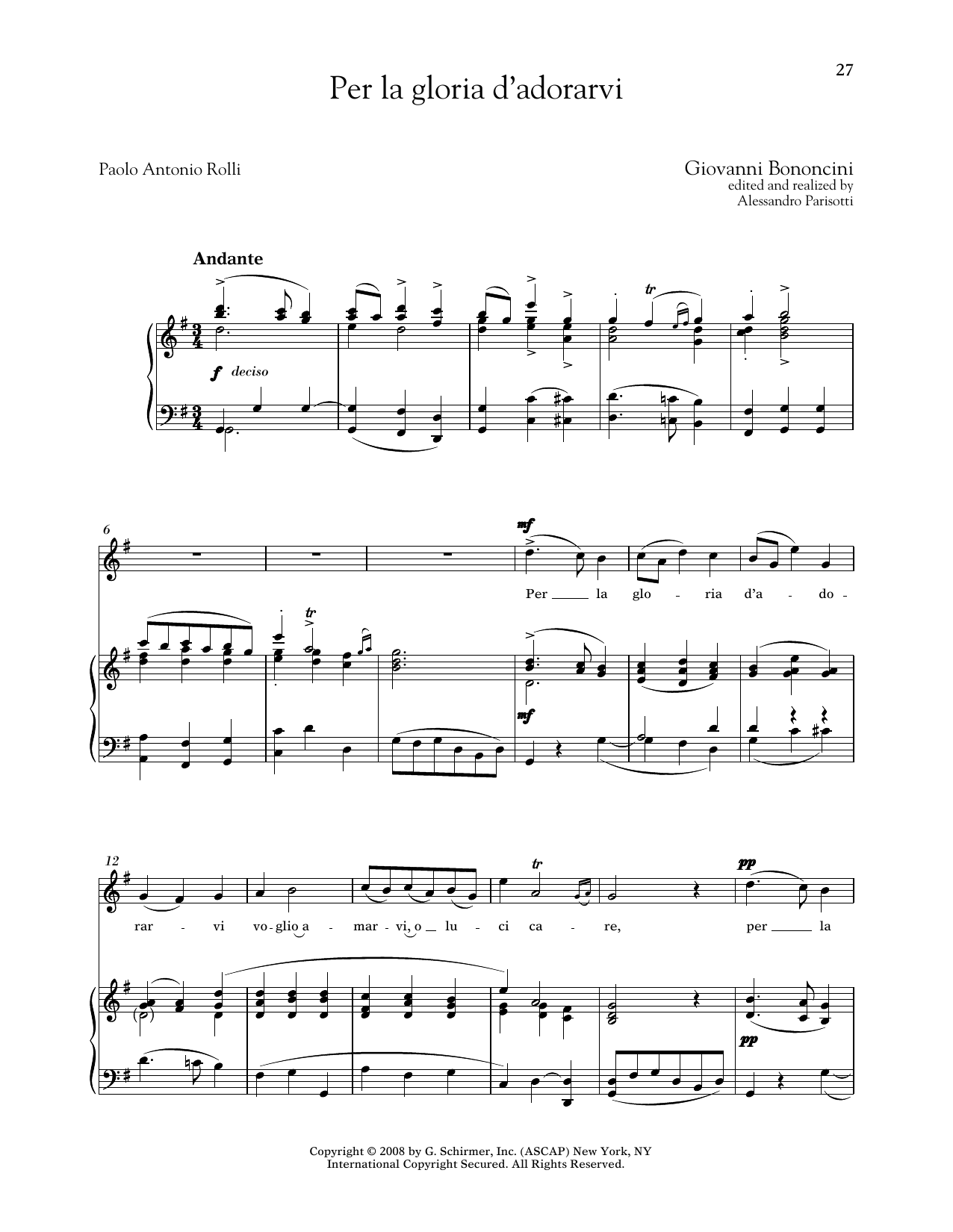 Download Giovanni Bononcini Per La Gloria D'adorarvi (Medium High Voice) Sheet Music and learn how to play Piano & Vocal PDF digital score in minutes