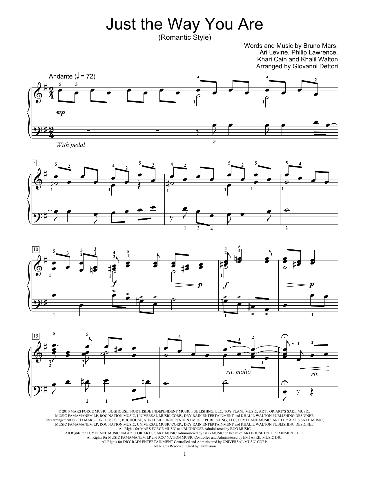 Download Giovanni Dettori Just The Way You Are Sheet Music and learn how to play Easy Piano PDF digital score in minutes