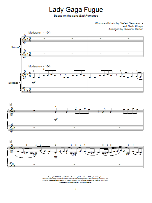 Download Giovanni Dettori Lady Gaga Fugue Sheet Music and learn how to play Piano Duet PDF digital score in minutes