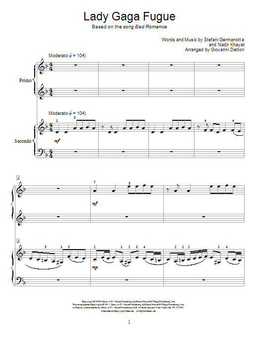 Download Giovanni Dettori Lady Gaga Fugue Sheet Music and learn how to play Easy Piano PDF digital score in minutes